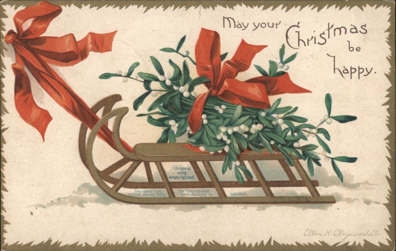 Christmas Sled with Mistletoe and Red Ribbon, Holiday Greeting