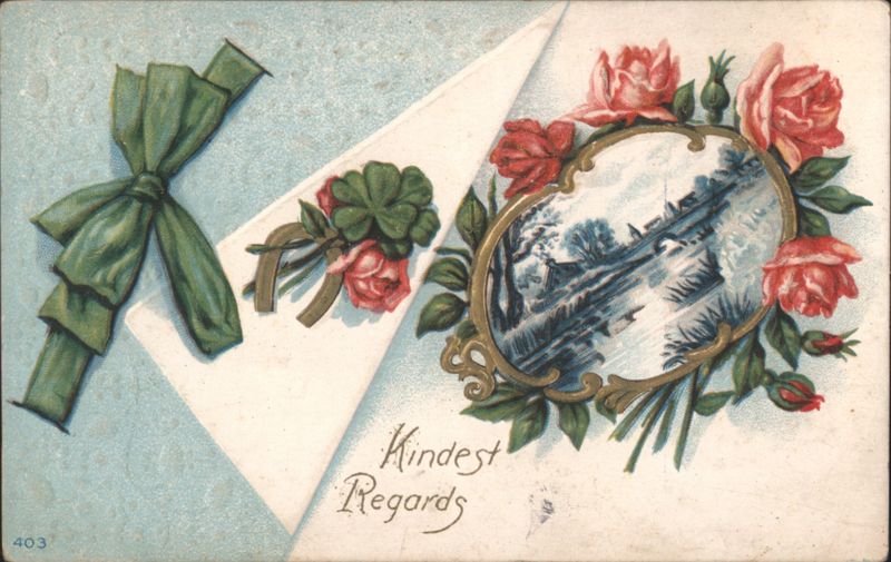 Kindest Regards Greeting with Roses and Landscape Vignette
