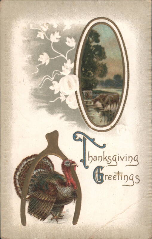 Thanksgiving Greetings Turkey Wishbone, Rural Scene with Cattle