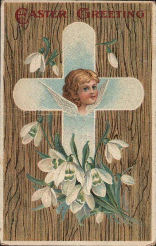 Easter Greeting with Angel, Cross, and Snowdrop Flowers
