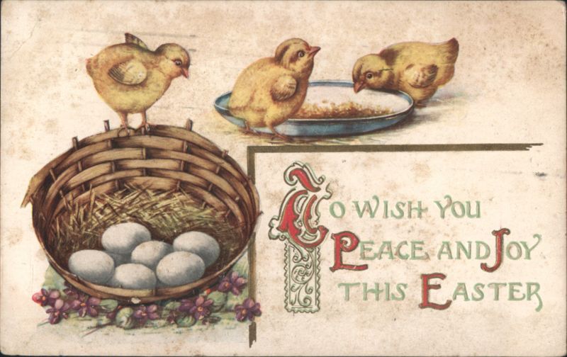 Easter Greeting with Yellow Chicks, Eggs in Basket, and Purple Flowers