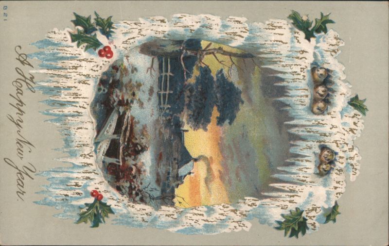 A Happy New Year Winter Landscape with Holly and Berries