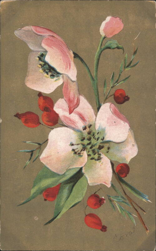 Pink and White Flowers with Red Berries, Artist Signed Cora