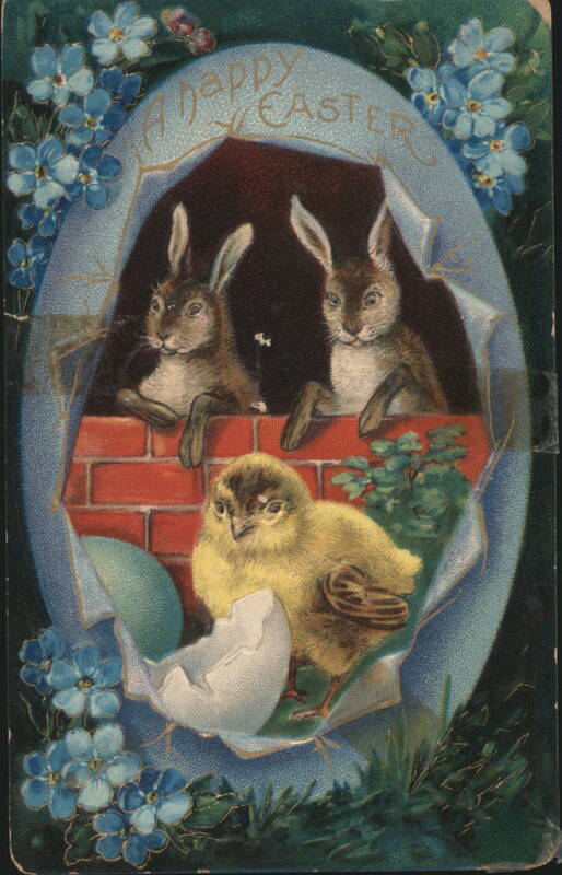 Easter Bunnies and Chick with Forget-Me-Nots and 'A Happy Easter' Greeting
