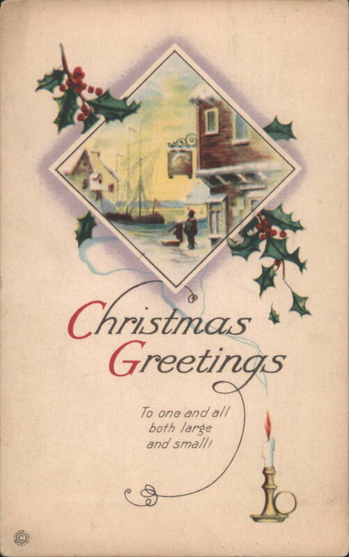 Christmas Greetings Snowy Village Harbor Scene with Holly and Candle