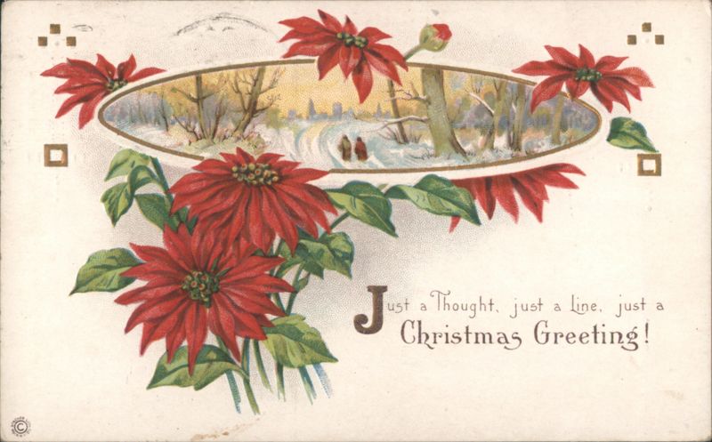 Poinsettias Frame Snowy Winter Scene, Christmas Greeting