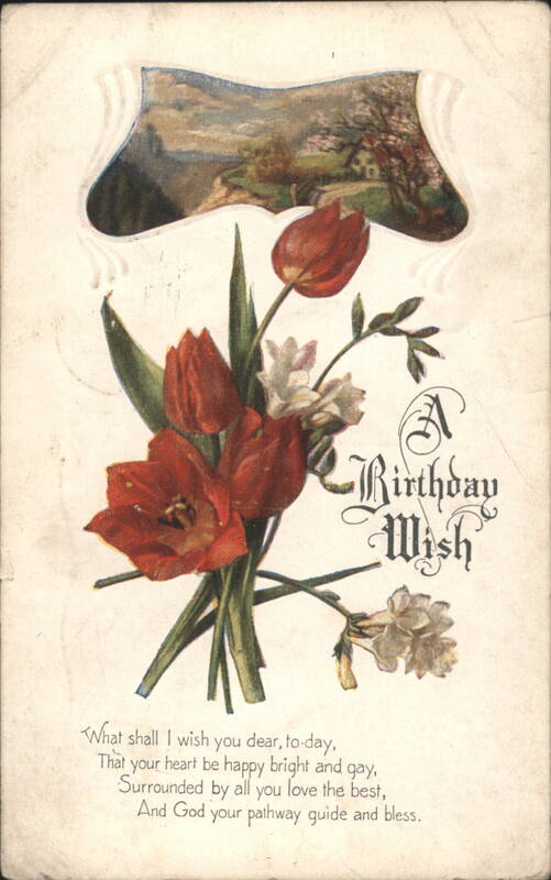 A Birthday Wish Red Tulips and White Flowers with Landscape Scene
