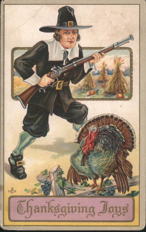 Pilgrim Man with Musket and Turkey, Thanksgiving Joys