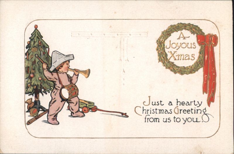Boy Drummer with Horn by Christmas Tree, A Joyous Xmas Greeting