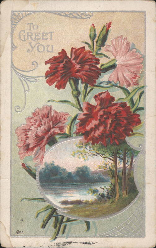 To Greet You with Red and Pink Carnations and Lake Landscape