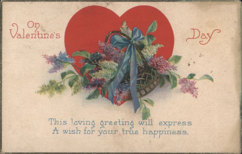 Red Heart with Basket of Lilacs and Flowers for Valentine's Day Greeting