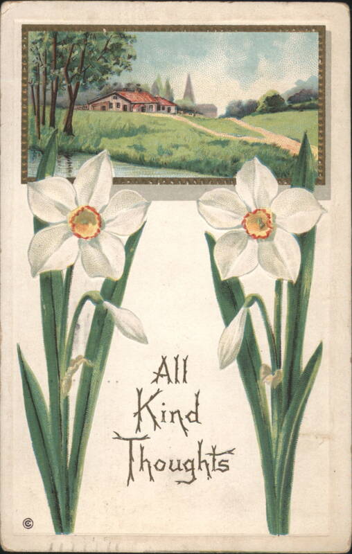 Daffodils with 'All Kind Thoughts' and Idyllic Landscape Scene