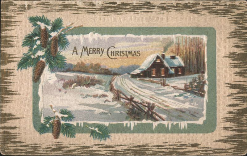 A Merry Christmas Winter Scene with Snowy House and Pinecones
