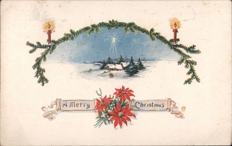 A Merry Christmas Winter Scene with Candles, Star & Poinsettias