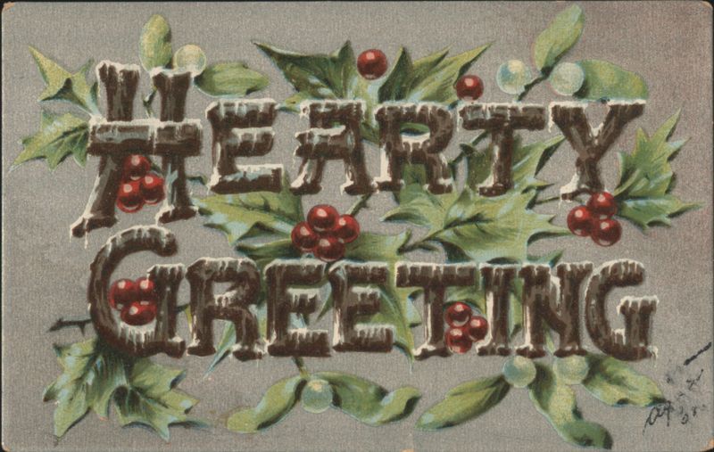 HEARTY GREETING with Holly and Mistletoe Christmas