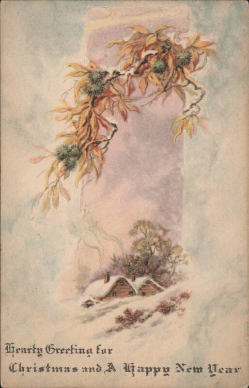 Hearty Greeting Christmas & New Year Winter Landscape Snow Covered Cottages