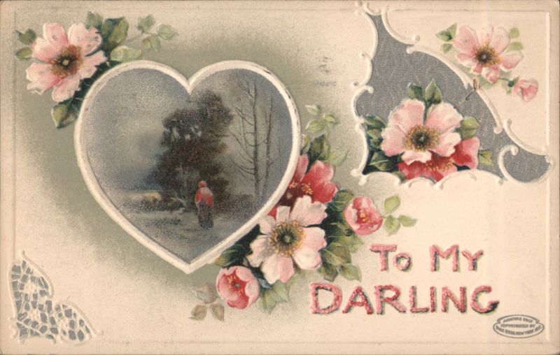 To My Darling Heart Vignette with Winter Scene and Pink Flowers