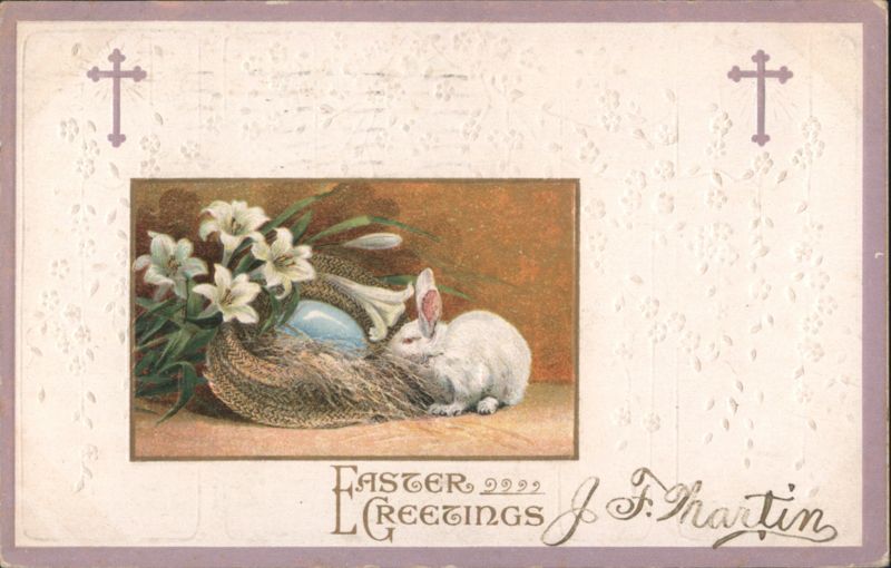 Easter Greetings with White Bunny, Lilies, and Egg