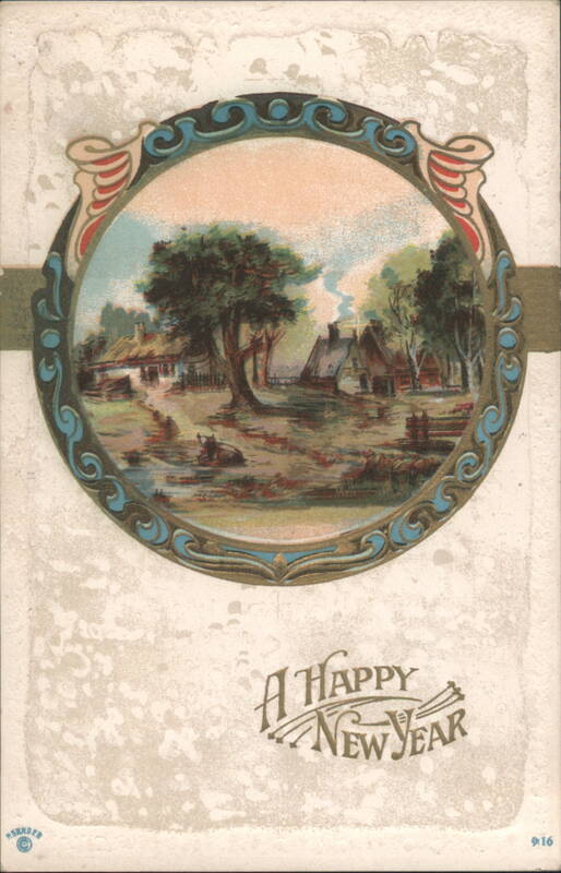 A Happy New Year Rural Landscape Art Nouveau Frame