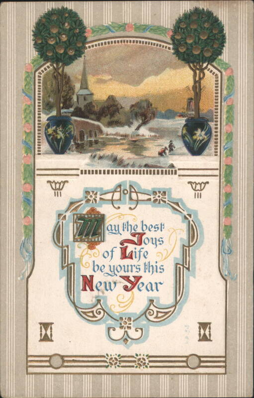 New Year's Greeting Card with Art Nouveau Design & Landscape Scene