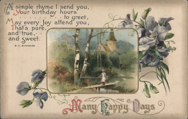 Birthday Greeting with Poem, Church Landscape, and Flowers