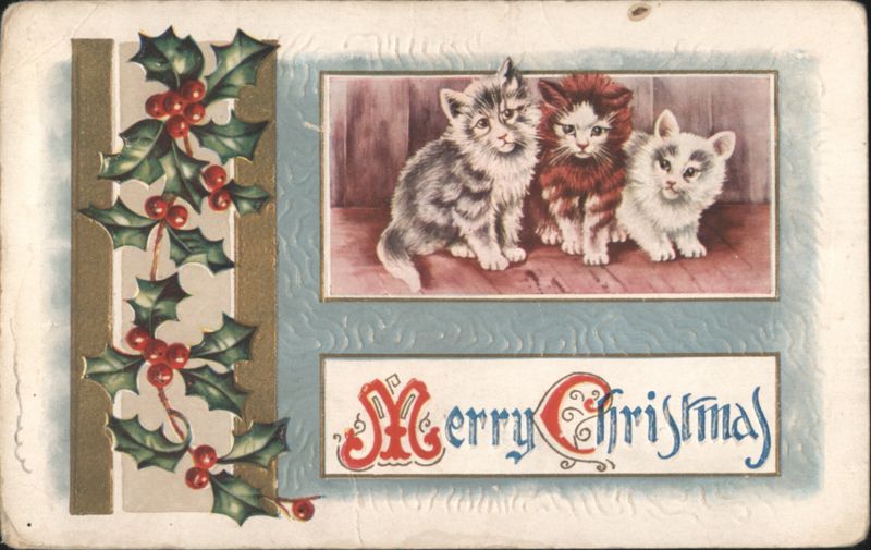 Merry Christmas Kittens with Holly Illustration Cats