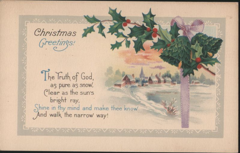 Christmas Greetings with Holly, Poem, and Snowy Village Scene