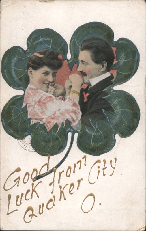 Couple in Four-Leaf Clover, Good Luck from Quaker City, OH 1908 Ohio