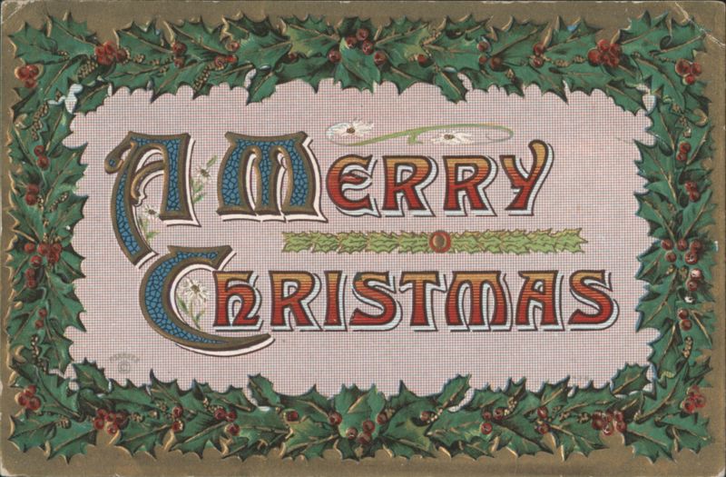 Merry Christmas Greeting with Holly and Berries Border