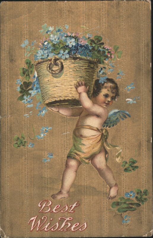 Cherub Carrying Basket of Blue and Pink Flowers with 'Best Wishes' Greeting