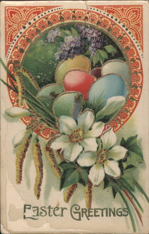 Easter Greetings with Colorful Eggs, White Flowers, and Lilacs
