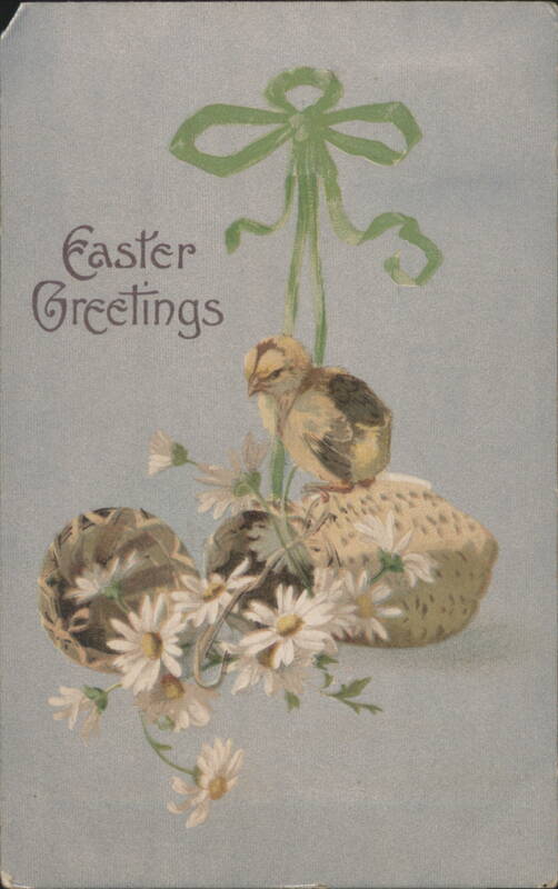 Easter Greetings Chick Daisies Woven Baskets Green Ribbon