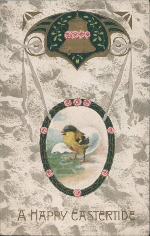 A Happy Eastertide Greeting with Yellow Bird, Bell, and Roses