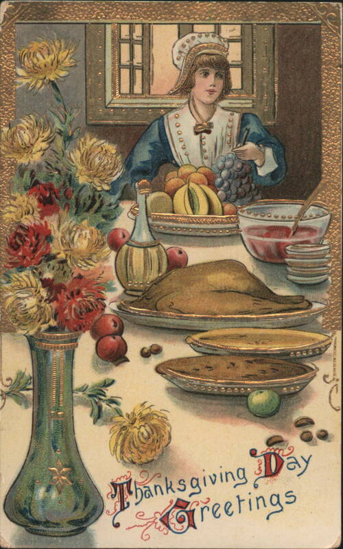 Thanksgiving Day Greetings with Woman, Turkey Dinner, and Flowers