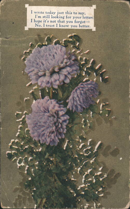 Purple Chrysanthemums with Sentimental 'I write today just this to say' Poem