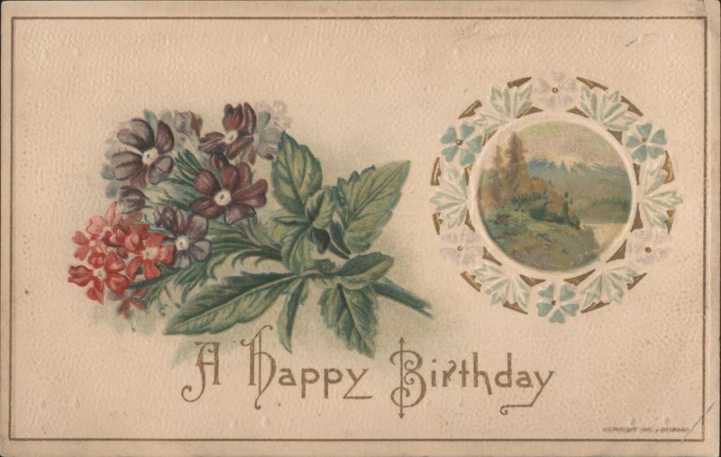 A Happy Birthday with Flowers and Scenic Vignette