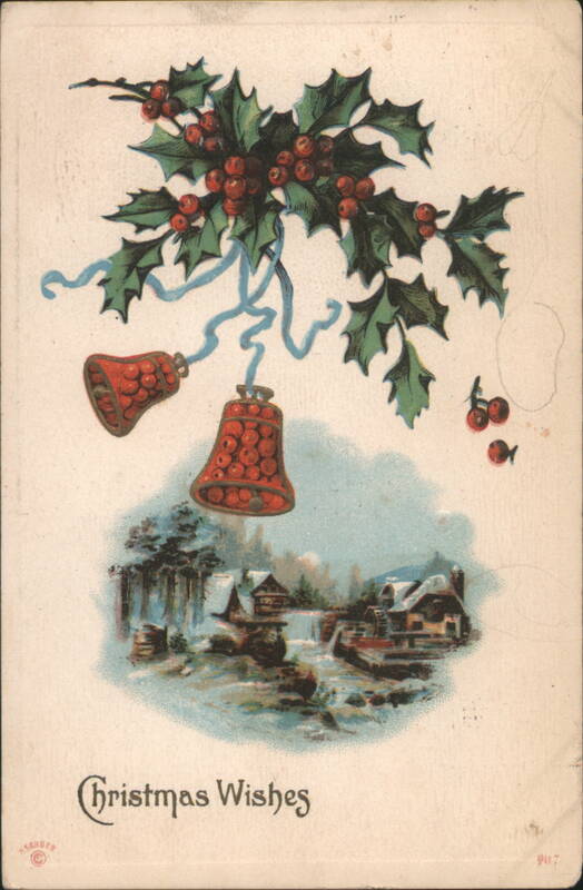 Christmas Wishes with Holly, Berries, Bells, and Winter Village Scene