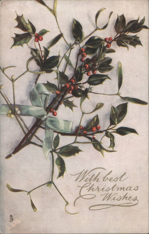 Holly and Mistletoe with Ribbon, With Best Christmas Wishes by Grelle