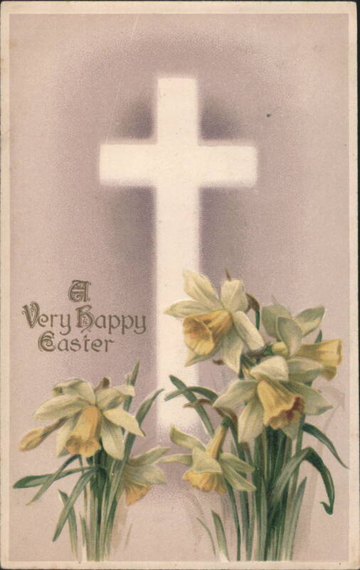 A Very Happy Easter with Glowing Cross and Daffodils