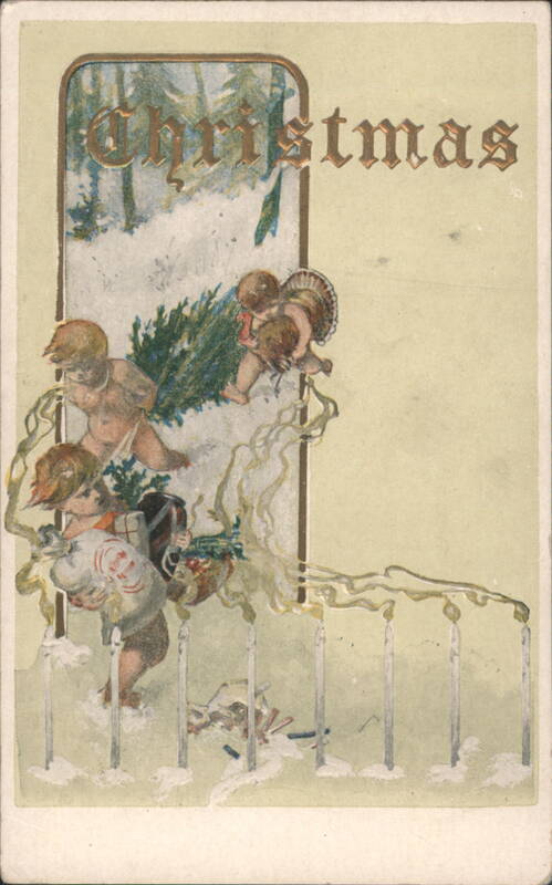 Christmas Cherubs with Turkey, Evergreen, and Candles in Winter Scene