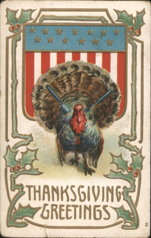 Thanksgiving Greetings Turkey with Patriotic Shield and Holly