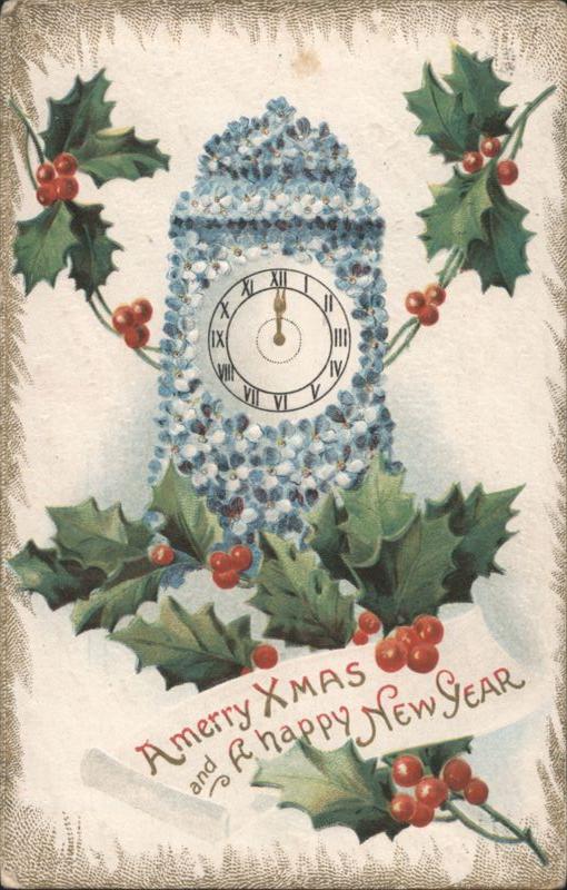 Christmas & New Year Clock with Holly & Forget-Me-Nots Greeting, 1910