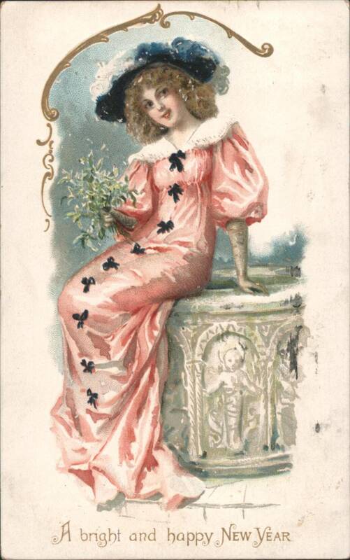 New Year's Greeting: Beautiful Lady in Pink Dress with Mistletoe