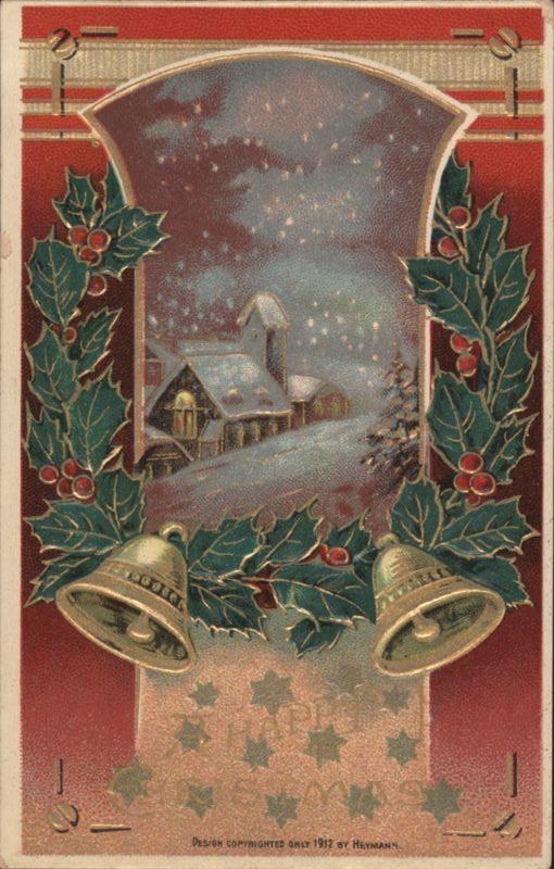 Snowy Village Christmas Scene with Holly and Bells