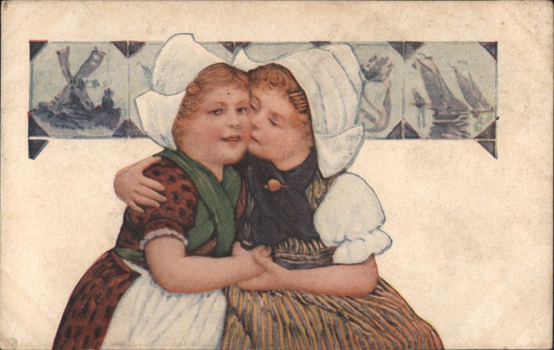 Dutch Girls in Traditional Attire Embracing and Kissing, Windmill & Sailboats