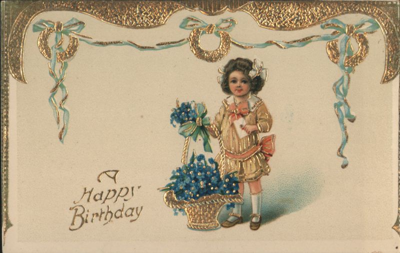 Girl with Basket of Blue Flowers, 'A Happy Birthday' Greeting
