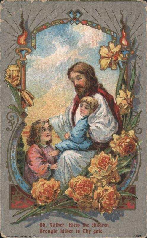 Jesus Blessing Children with Flowers, Religious Illustration