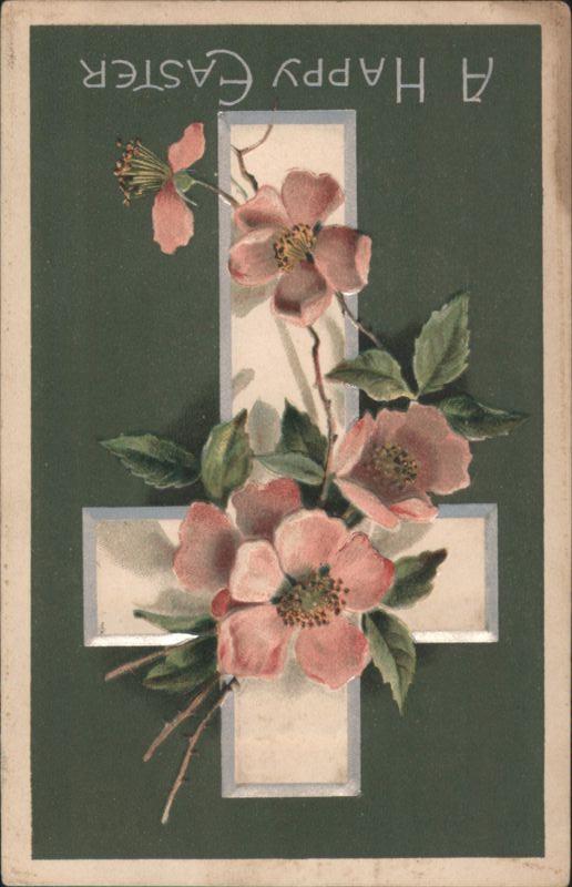 A Happy Easter Cross with Pink Flowers Illustration