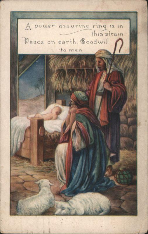 Nativity Scene with Mary, Joseph, Baby Jesus & Lambs, 'Peace on Earth'