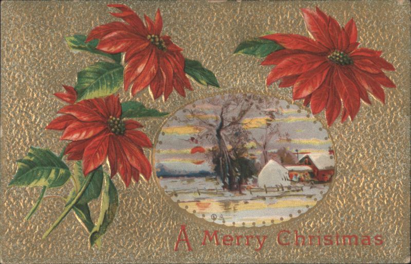 Poinsettias and Snowy Landscape with 'A Merry Christmas' Greeting